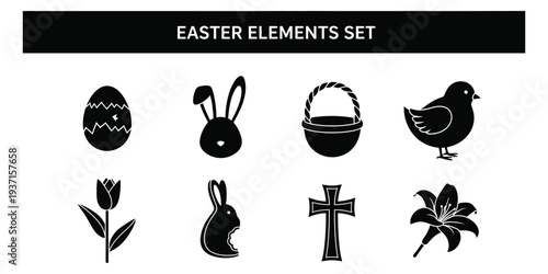 Easter icons set including eggs, bunny, basket, bird on white