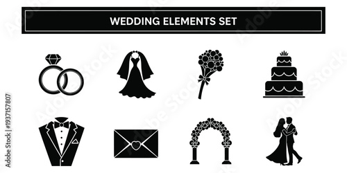 Wedding elements set icons depicting ceremony and celebration