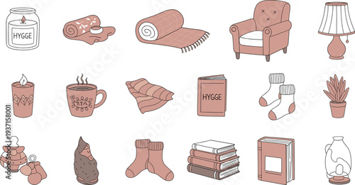 Hand-Drawn Hygge Icons Set with Cozy Lifestyle, Comfort, and Relaxation Elements, Flat Cartoon Style Vector Illustration for Apps, Websites, Stickers, and UI Design