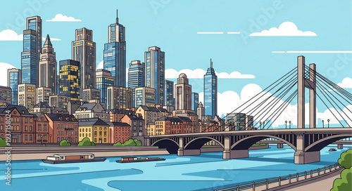 City Skyline with Modern Skyscrapers and Bridge.