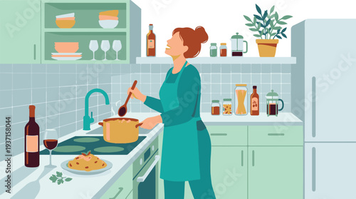 Happy woman cooking pasta in a modern home kitchen, enjoying the process