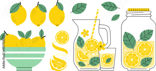 Fresh Lemonade Illustration Set Featuring Lemons, Lemon Slices, Glass Jug, Mason Jar and Lemon Drink for Summer Beverage Design and Citrus Refreshment
