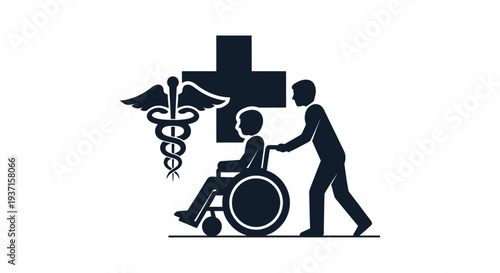 Healthcare support a doctor assisting a patient in a wheelchair silhouette