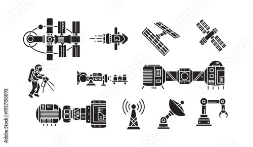 Black icons of modern technology and space exploration tools