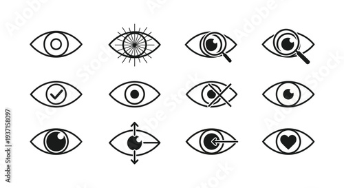 Collection of stylized eye icons with various internal designs a silhouette