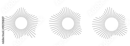 Abstract halftone sunburst set. Sound equalizer icons with lines and dots, gradient neon circular sound wave frames.  circular sound wave frames with dots.