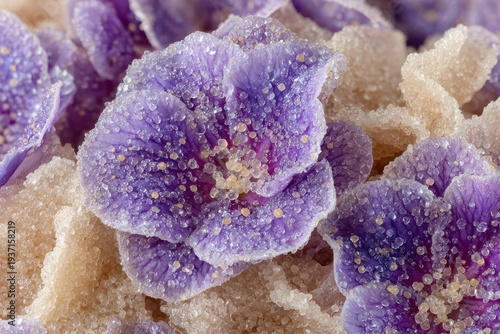 A mesmerizing close-up of vibrant violet flowers coated with glittering sugar crystals, nestled among sugary granules, showcasing a unique confectionery masterpiece.