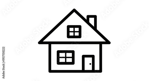 Simple house illustration featuring a gable roof, windows, and a chimney, perfect for real estate.