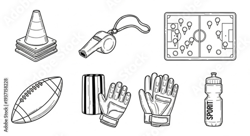 Sports equipment collection - football, whistle, gloves, and more, in black and white.