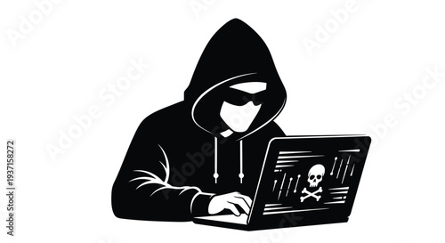 A hooded figure works on a laptop displaying a skull a stark silhouette