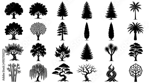 Collection of various tree silhouettes in black and white.