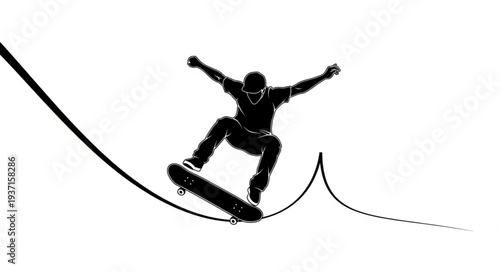 Silhouette of a skateboarder performing a trick mid-air with arms outstretched for balance.