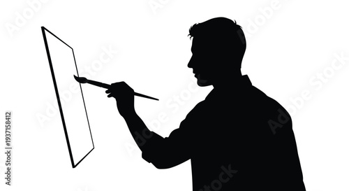Artist painting on a canvas viewed in profile black silhouette