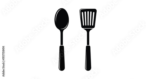 Black silhouettes of a spoon and spatula against a white background silhouette