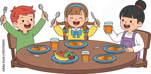 Happy Kids Eating Meal Together at Dining Table Vector Illustration Showing Children Enjoying Healthy Food, Family Mealtime, Friendship and Childhood Nutrition
