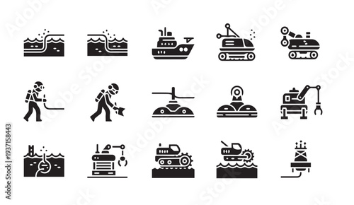 Set of underwater exploration and industrial machinery icons