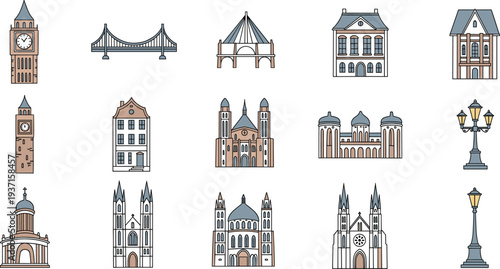 Hand-Drawn Landmark Icons Set with Famous Monuments, Buildings, and Travel Symbols, Flat Cartoon Style Vector Illustration for Apps, Websites, Stickers, and UI Design