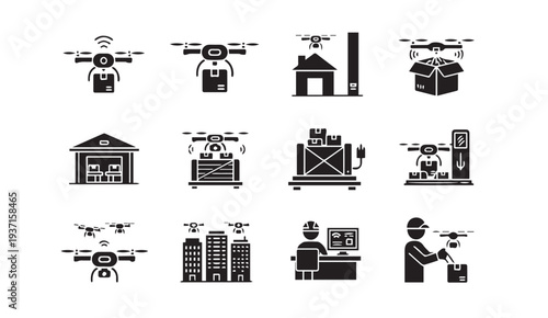 Drone delivery icons for modern logistics and transportation solutions