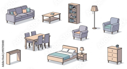 Collection of various furniture pieces arranged in a room setting for interior design.