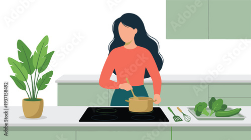 Woman cooking healthy food in a modern kitchen with fresh vegetables