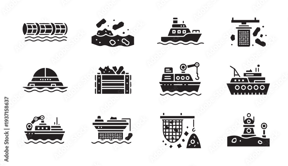 Fototapeta premium Black icons of various industrial ships and boats at sea