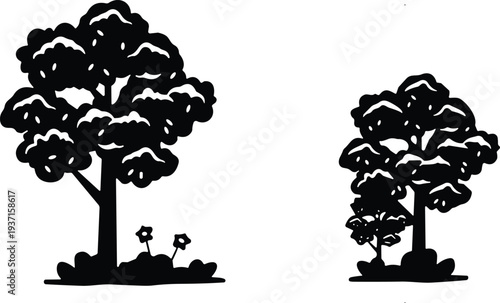 Tree silhouette set with garden plants and flowers, natural forest vegetation icons, black nature landscape vector illustration isolated design