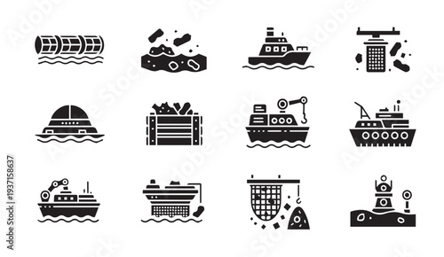 Black icons of various industrial ships and boats at sea