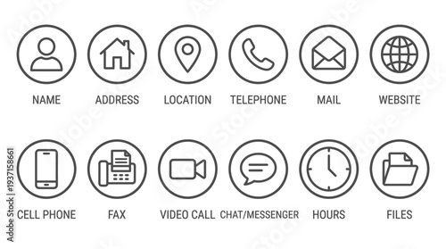 Collection of simple line icons for communication and contact information.