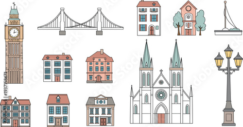 Hand-Drawn Landmark Icons Set with Famous Monuments, Buildings, and Travel Symbols, Flat Cartoon Style Vector Illustration for Apps, Websites, Stickers, and UI Design