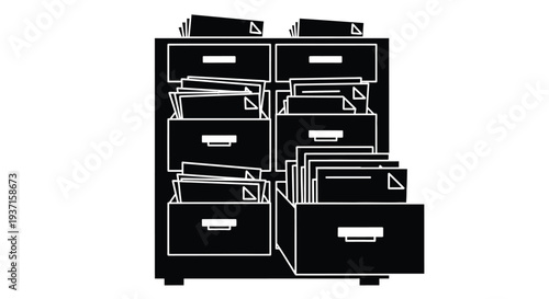 Black and white filing cabinet with stacked papers a stark silhouette