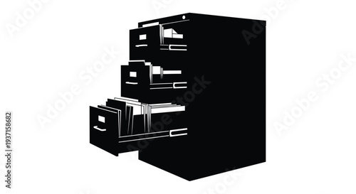 Stacked filing cabinets with open drawers display a stark black silhouette