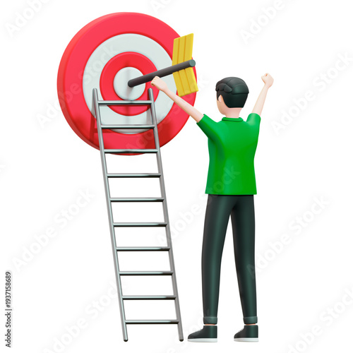 Man hitting target with arrow from ladder in celebration icon, vector illustration.