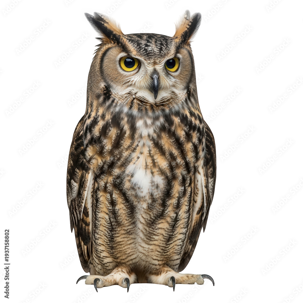 Obraz premium Majestic owl with striking yellow eyes and intricate feathers standing proudly