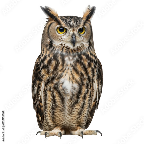 Majestic owl with striking yellow eyes and intricate feathers standing proudly
