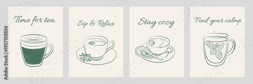 Minimal hand drawn tea quotes with tea cups, lemon tea and herbal tea illustrations.