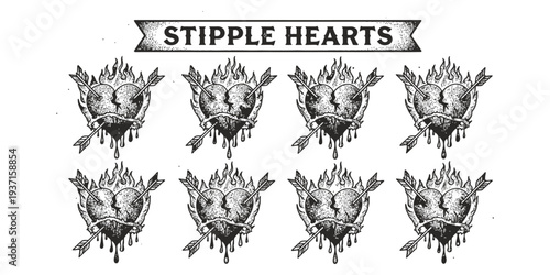 Collection of Stipple Hearts with Arrows and Thorns Illustration