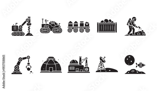 Mining and space exploration industrial icons for business and technology