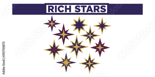 Rich stars illustration with purple and yellow stars on a dark banner
