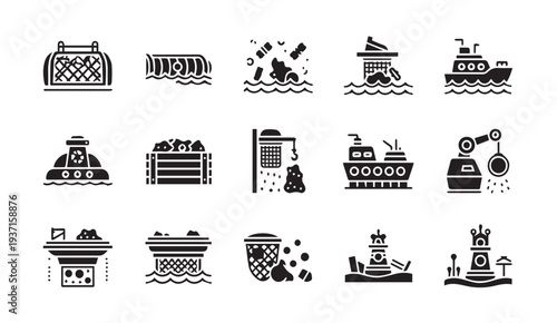 Dredging operations icons set for maritime industry