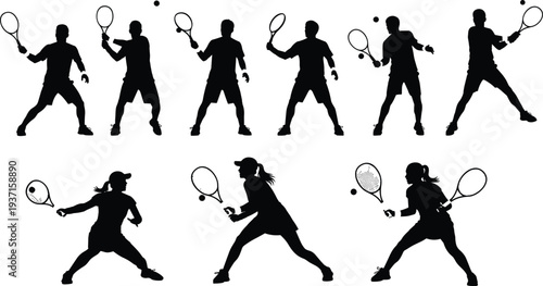 Tennis players silhouette set, flat vector illustration, cad drawing, male female athletes playing sport, racket ball match action isolated black.