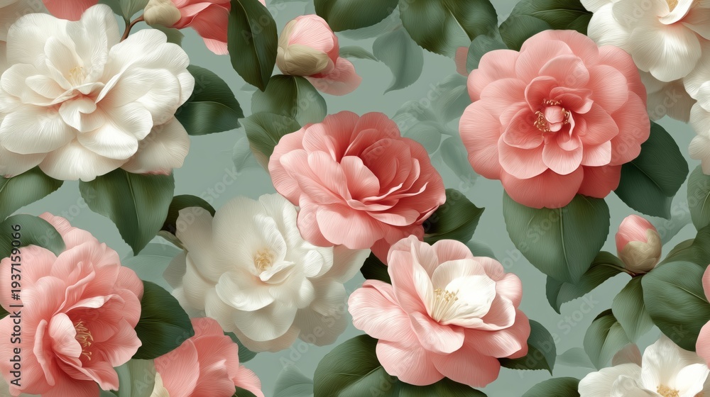 Fototapeta premium seamless camellia floral pattern elegant botanical background soft pink flowers