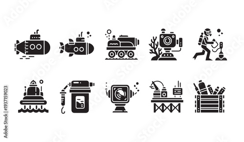 Set of black industrial machinery icons for engineering projects