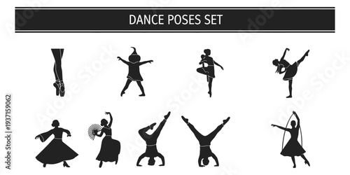 Dancers in various dynamic poses, showcasing energetic movements and fluid dance steps.