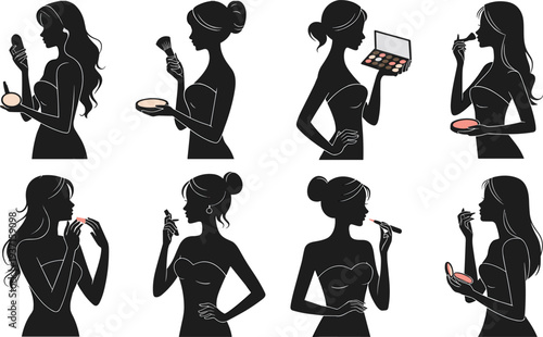 Collection of female silhouettes applying makeup with lipstick mascara and powder compact beauty routine concept elegant women cosmetic application vector illustration set isolated