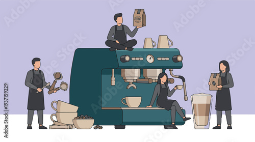 Baristas Preparing Coffee with Espresso Machine and Ingredients Illustration