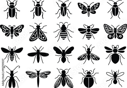 Collection of insect silhouettes including beetles bees butterflies dragonflies and ants isolated as black vector icon set for biodiversity entomology pest control nature design projects