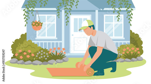 Man rolling up mat in front of house with garden, home maintenance