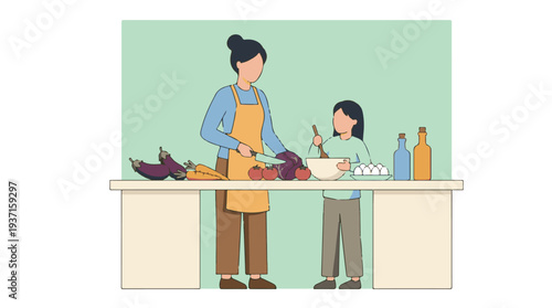 Mother and child cooking vegetables and preparing a meal in a kitchen