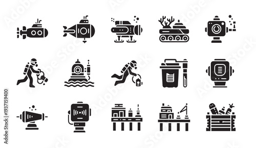 Dive into underwater exploration with modern submersibles and scuba gear icons