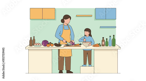 Mother and daughter cooking fresh vegetables together in a bright kitchen